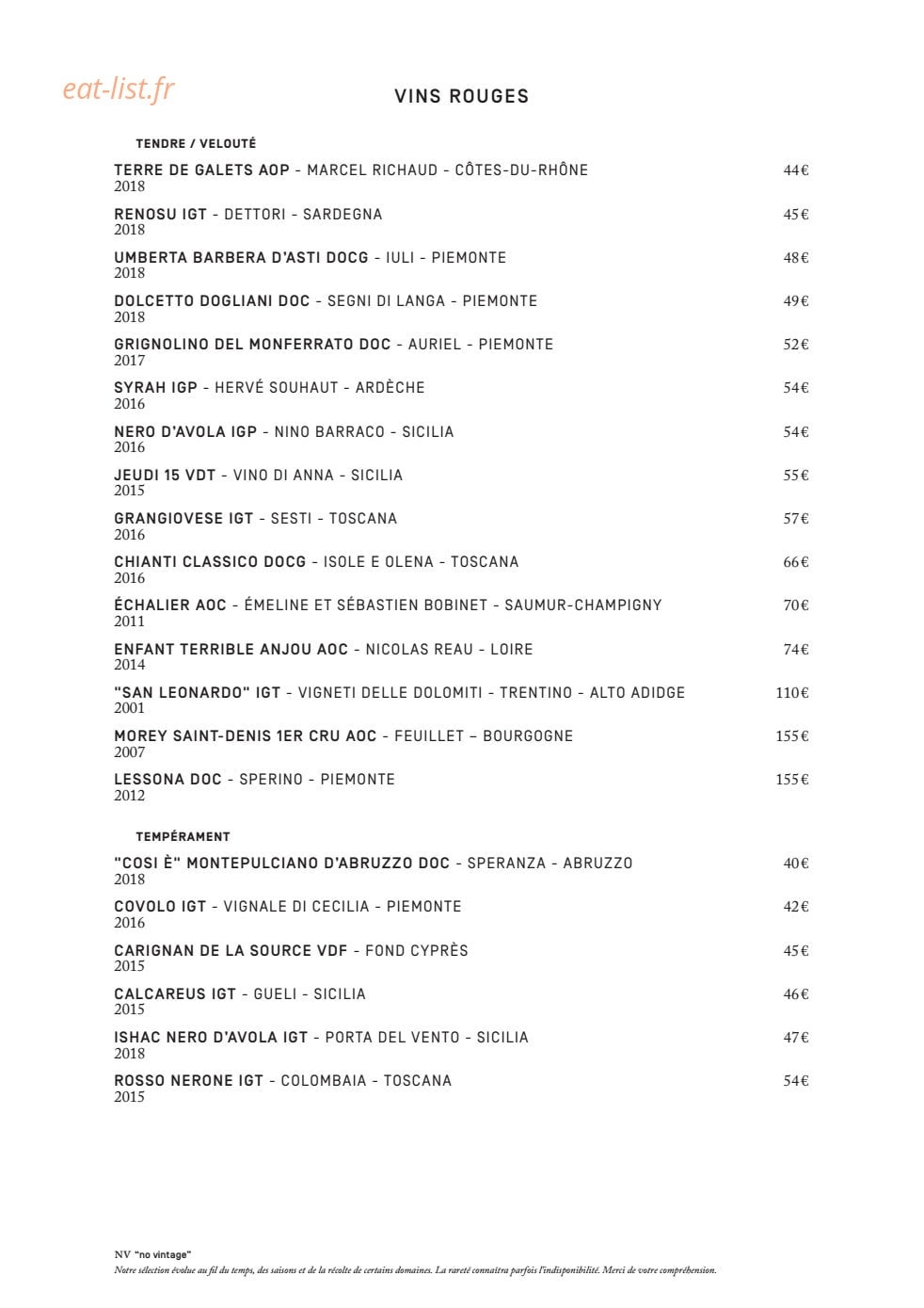 Le ristorante National — carte page 14