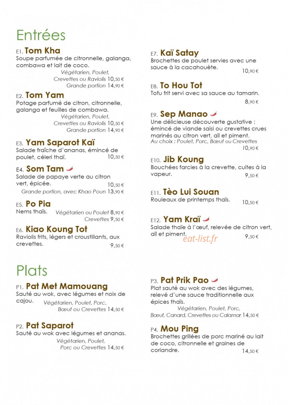 Paya Thaï — carte page 2