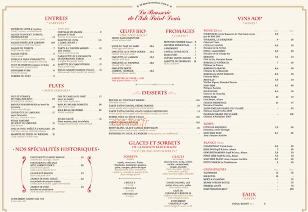 La Brasserie de l'Isle Saint-Louis — carte page 1