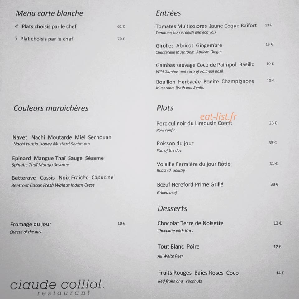 Restaurant Claude Colliot — carte page 1