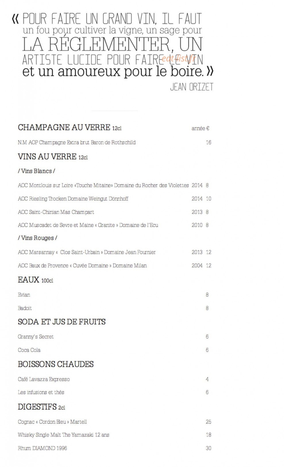 Restaurant H — carte page 2