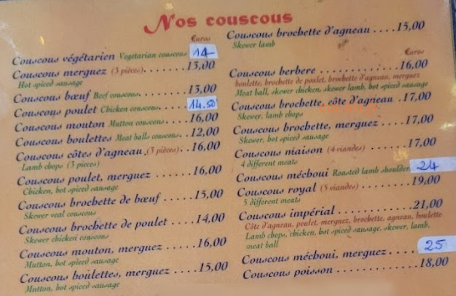 Au Bon Couscos — carte page 1