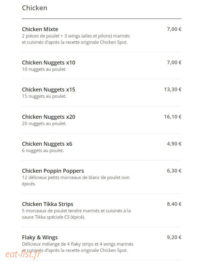 Chicken Spot — carte page 10