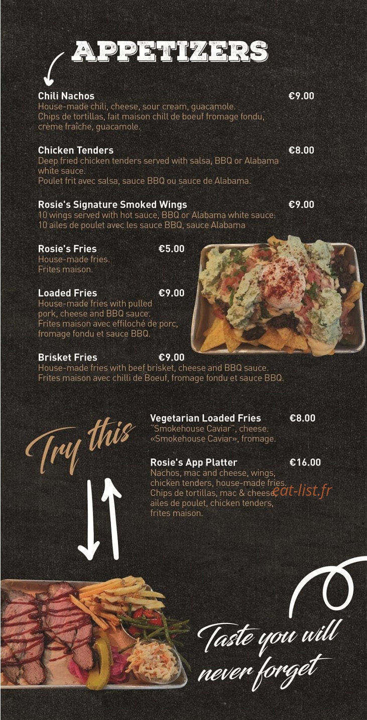 Rosie's Smokehouse — carte page 1