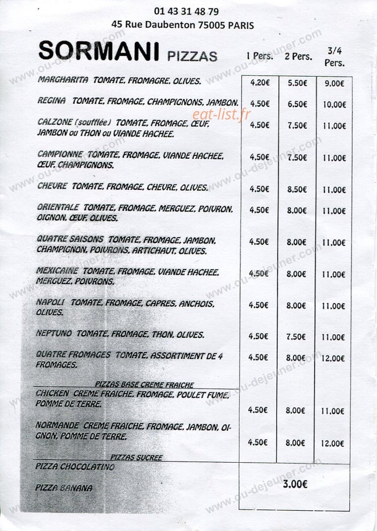 Sormani pizzas — carte page 1