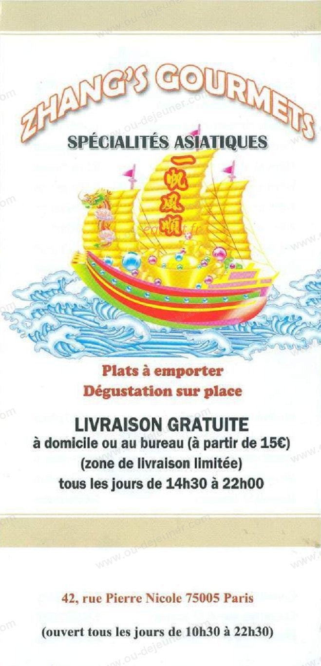 Zhang's Gourmets — carte page 1