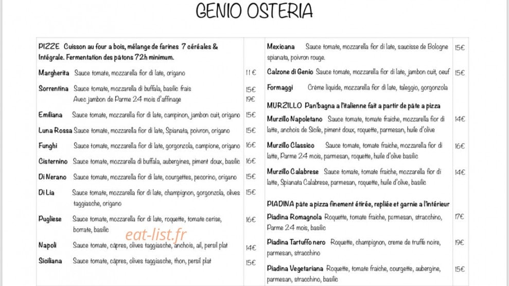 Genio Osteria — carte page 1