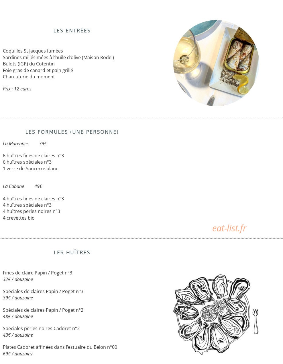 Carte et menu de Huitrerie Regis à Paris 6 — Entrées, formules et huîtres