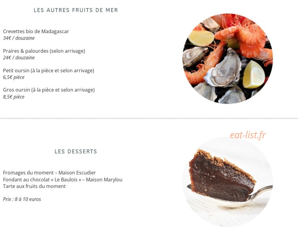 Carte et menu de Huitrerie Regis à Paris 6 — Autres fruits de mer et desserts