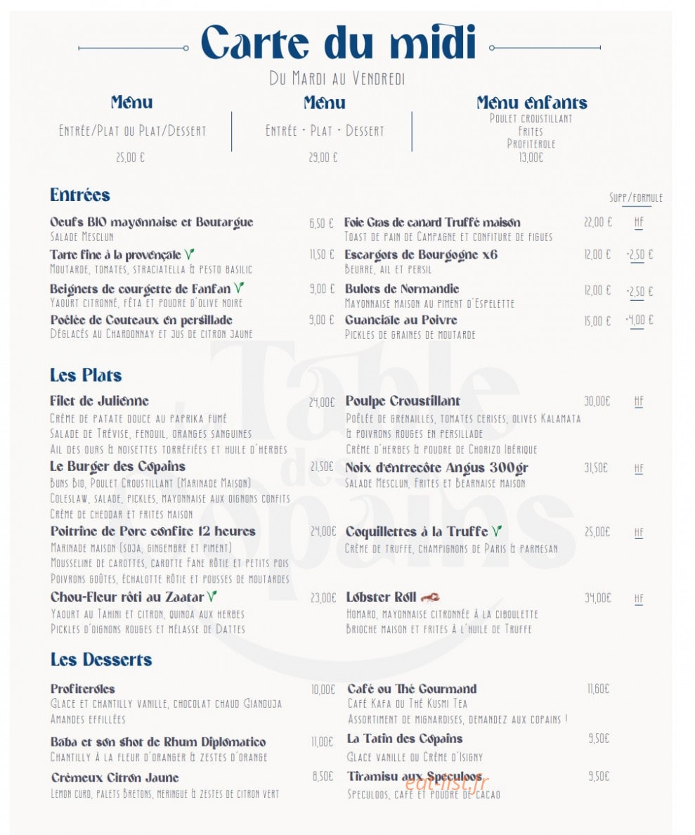 La Table des Copains — carte page 1