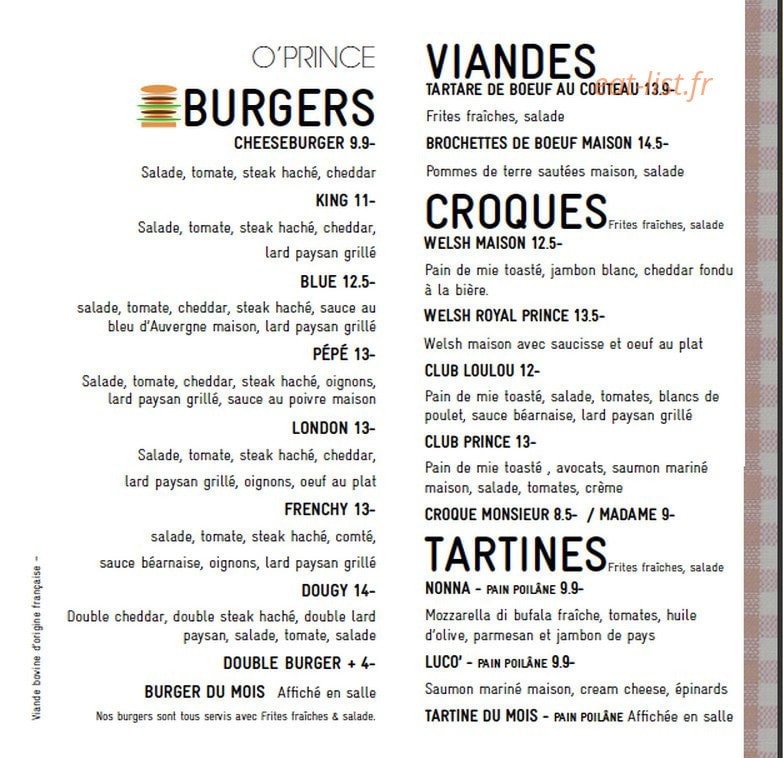 Pub O' Prince — carte page 1