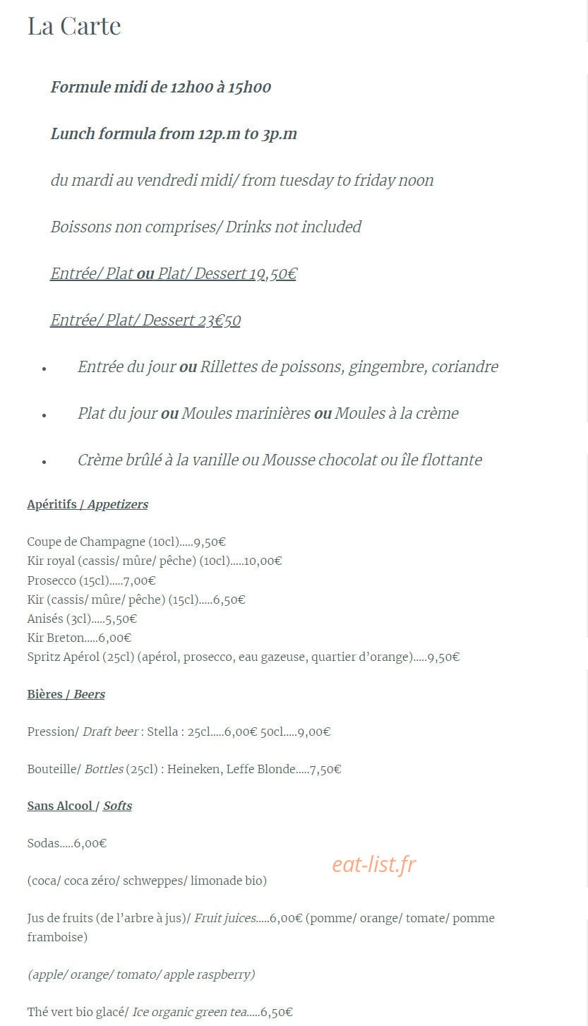 Carte et menu de Seulement Sea à Paris 6 — Les formules, apéritifs, ...