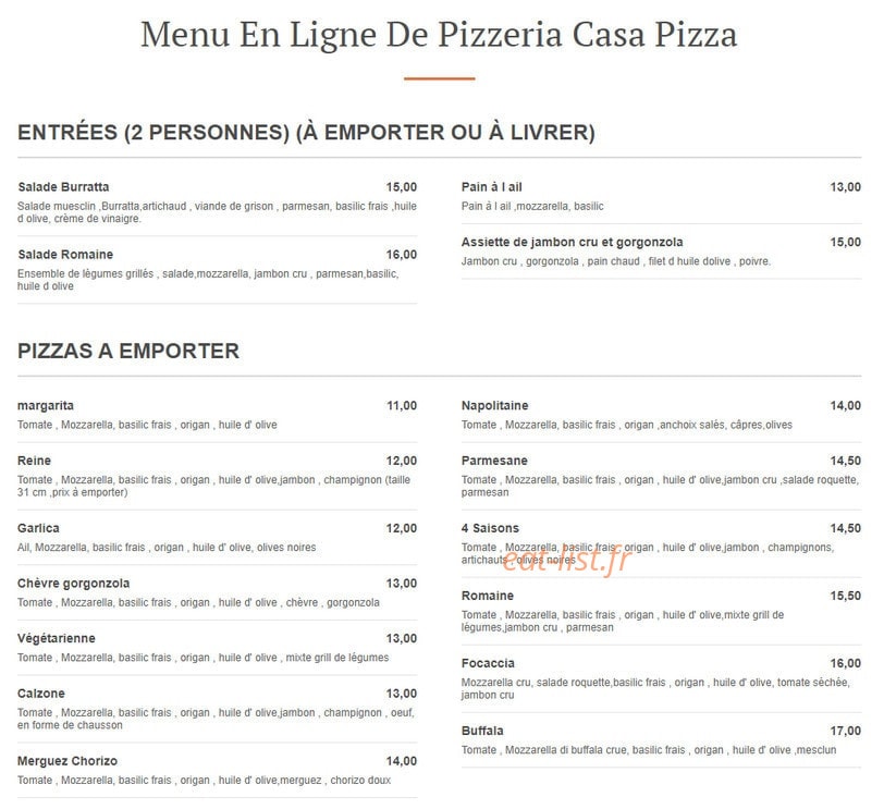 Casa Pizza — carte page 1