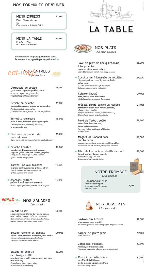 La Table — carte page 1