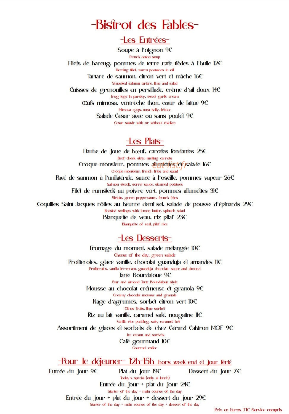 Le Bistrot des fables — carte page 1