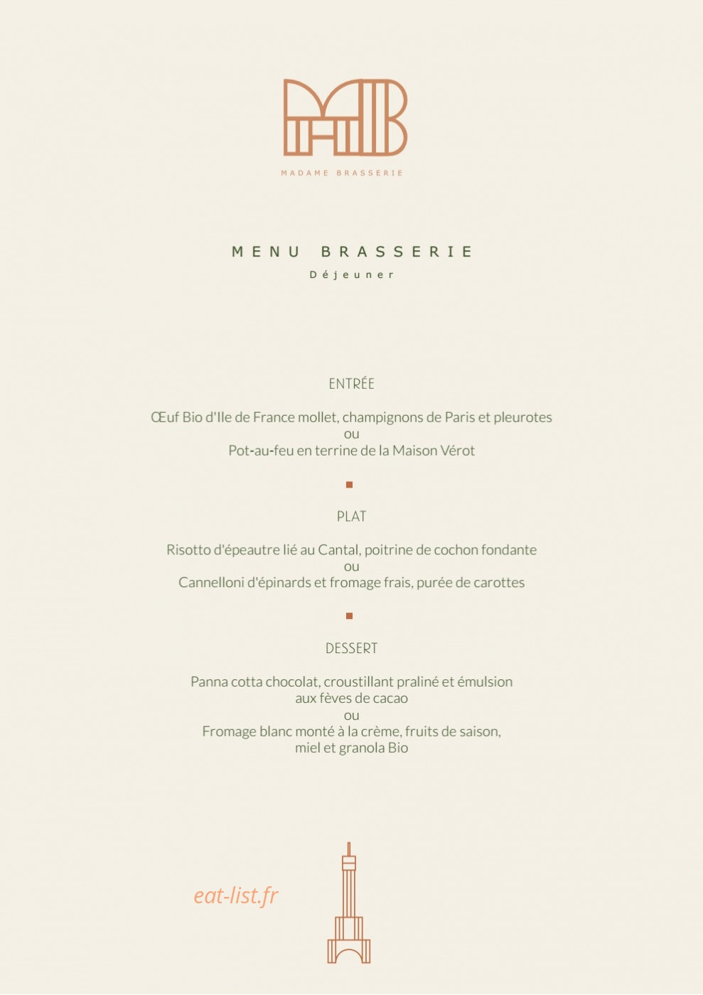 Madame Brasserie — carte page 1