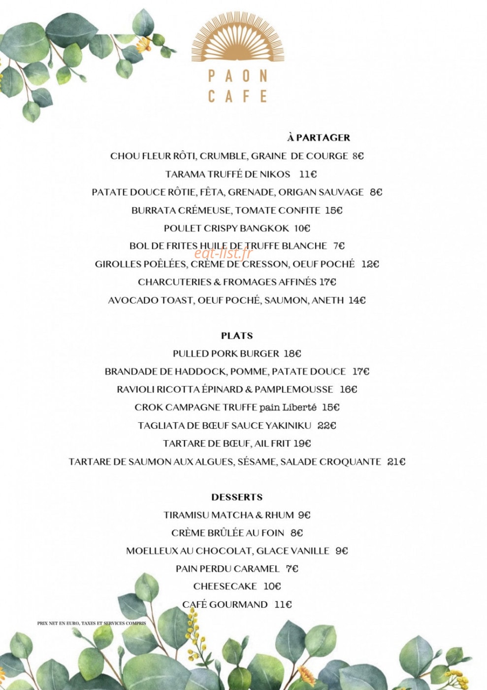 Paon café — carte page 1