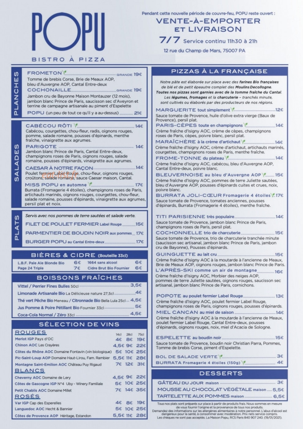 Popu Bistro à Pizza — carte page 1