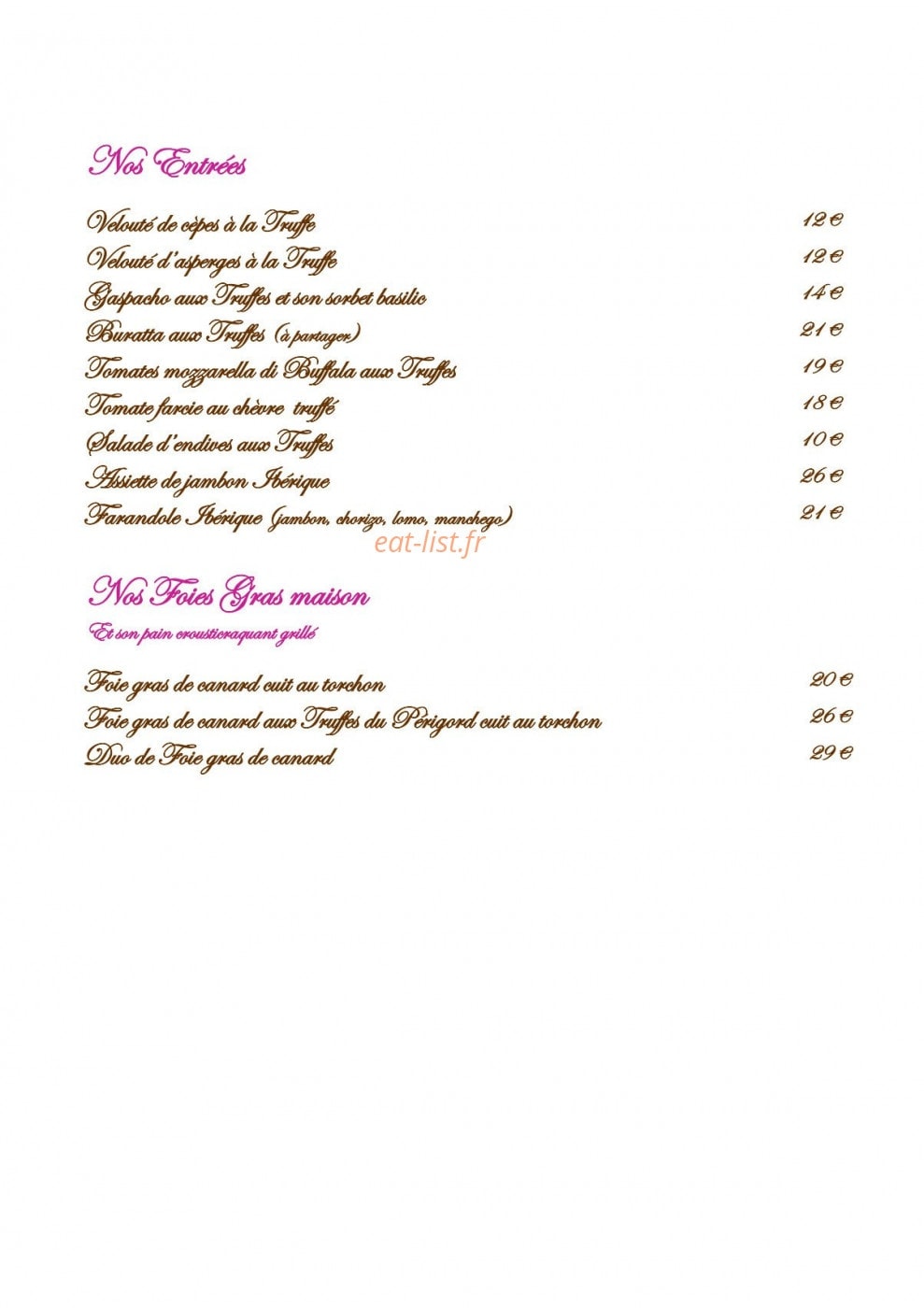 Truffes Folies — carte page 1