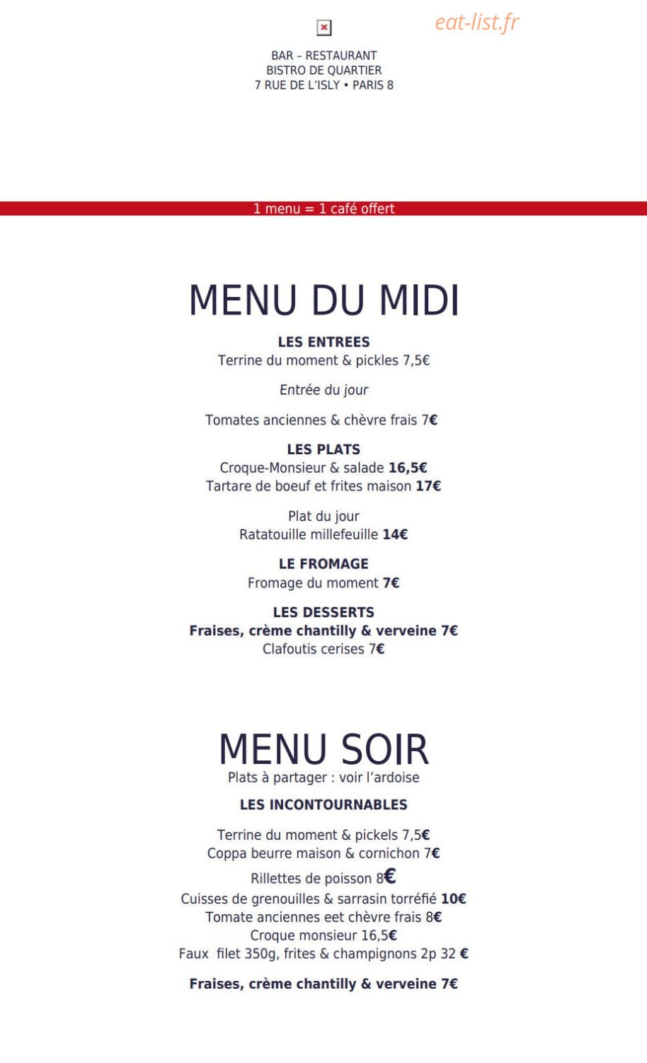 Bistro Hasard — carte page 1