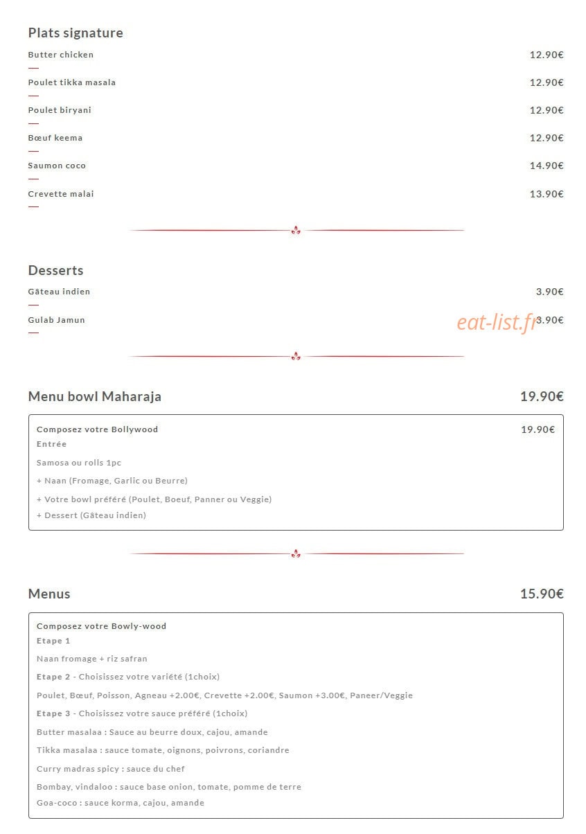 Bowly Wood Indian Kitchen — carte page 2