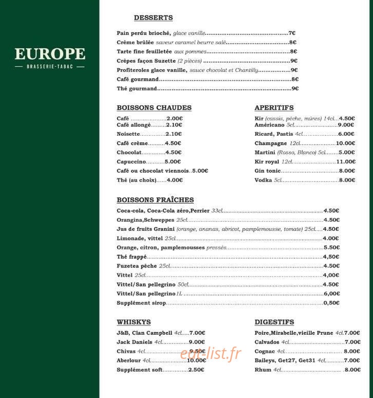 Brasserie de l'Europe — carte page 2