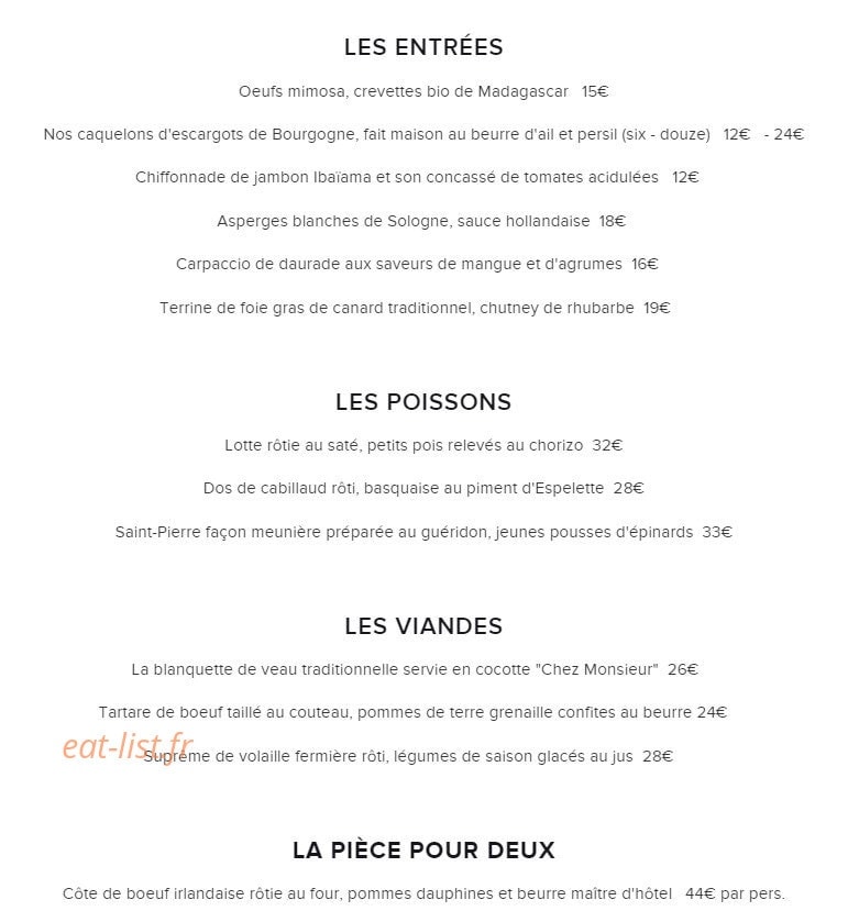 Chez Monsieur — carte page 1