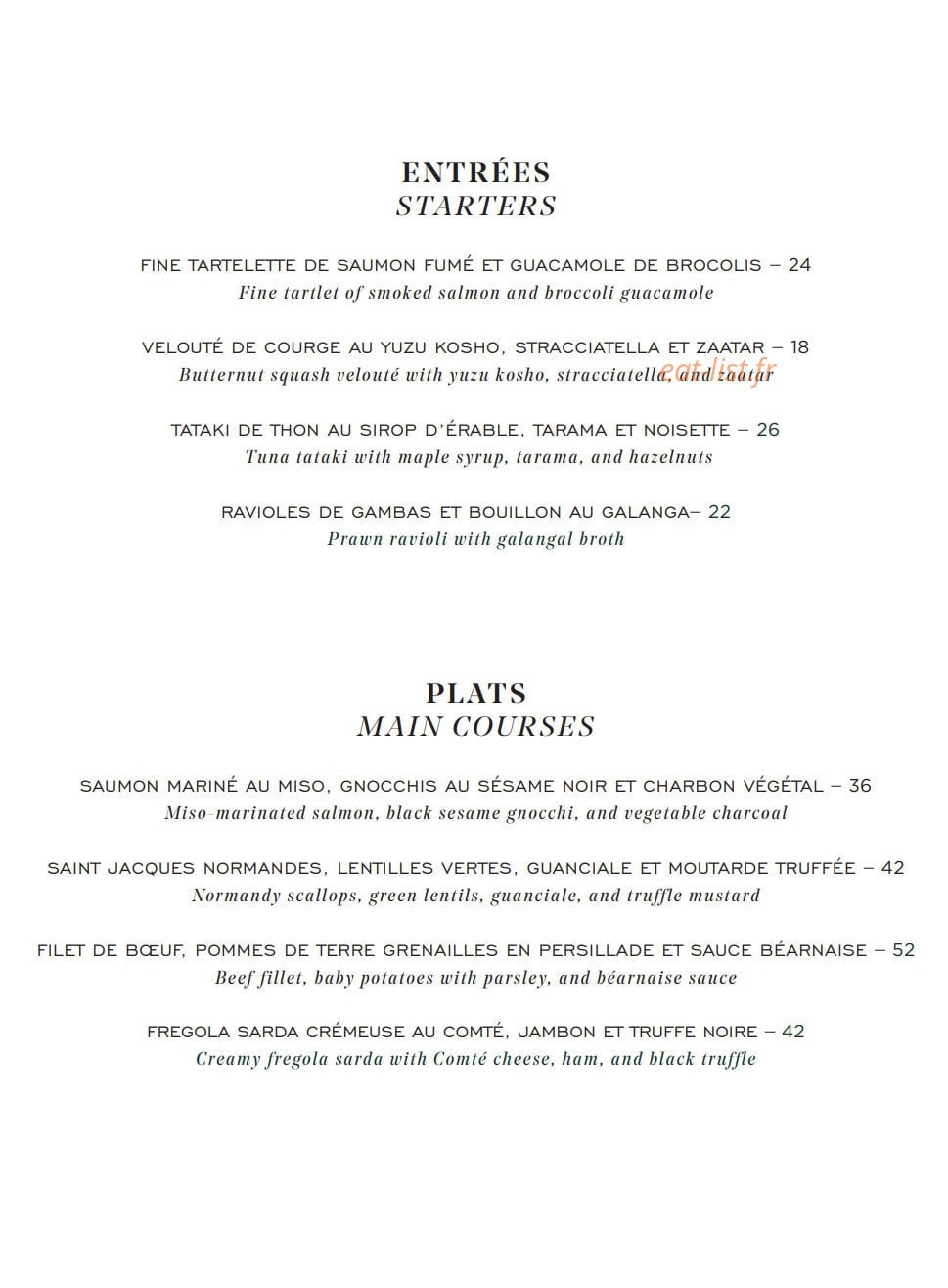 Carte et menu de Galanga par Monsieur George à Paris 8 — Les entrées starters et plats mains courses
