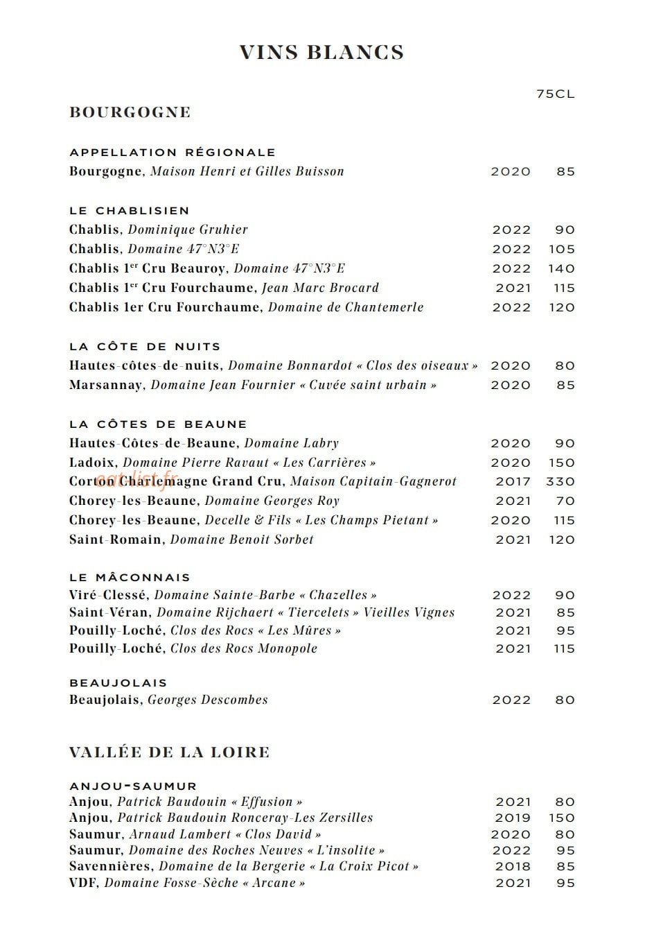 Carte et menu de Galanga par Monsieur George à Paris 8 — Les vins blancs