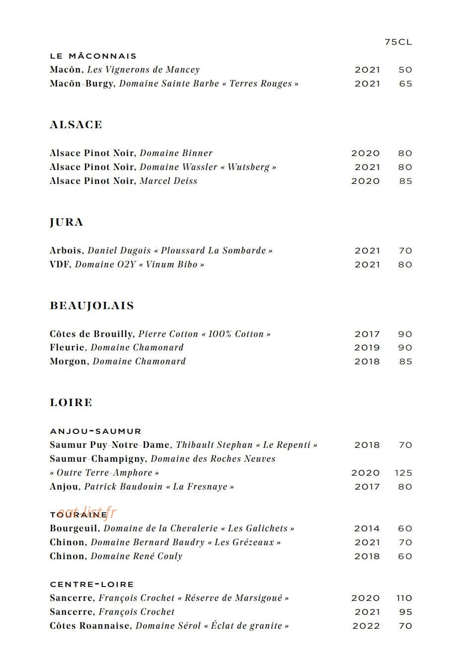 Carte et menu de Galanga par Monsieur George à Paris 8 — Nâconnais, jura et Loire,...