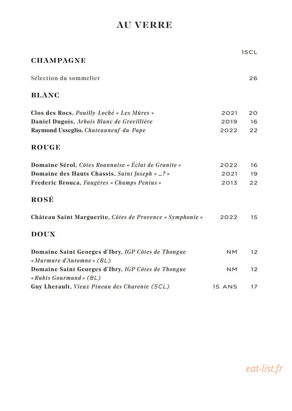 Carte et menu de Galanga par Monsieur George à Paris 8 — Les vins au verre