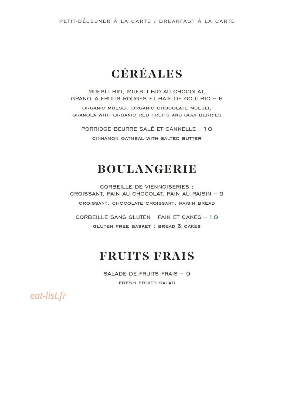 Carte et menu de Galanga par Monsieur George à Paris 8 — Les céréales, fruits frais boulangeries