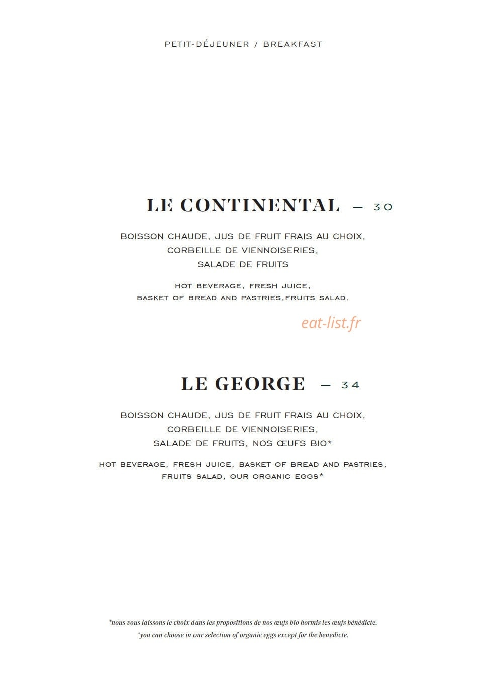 Carte et menu de Galanga par Monsieur George à Paris 8 — Continental et George