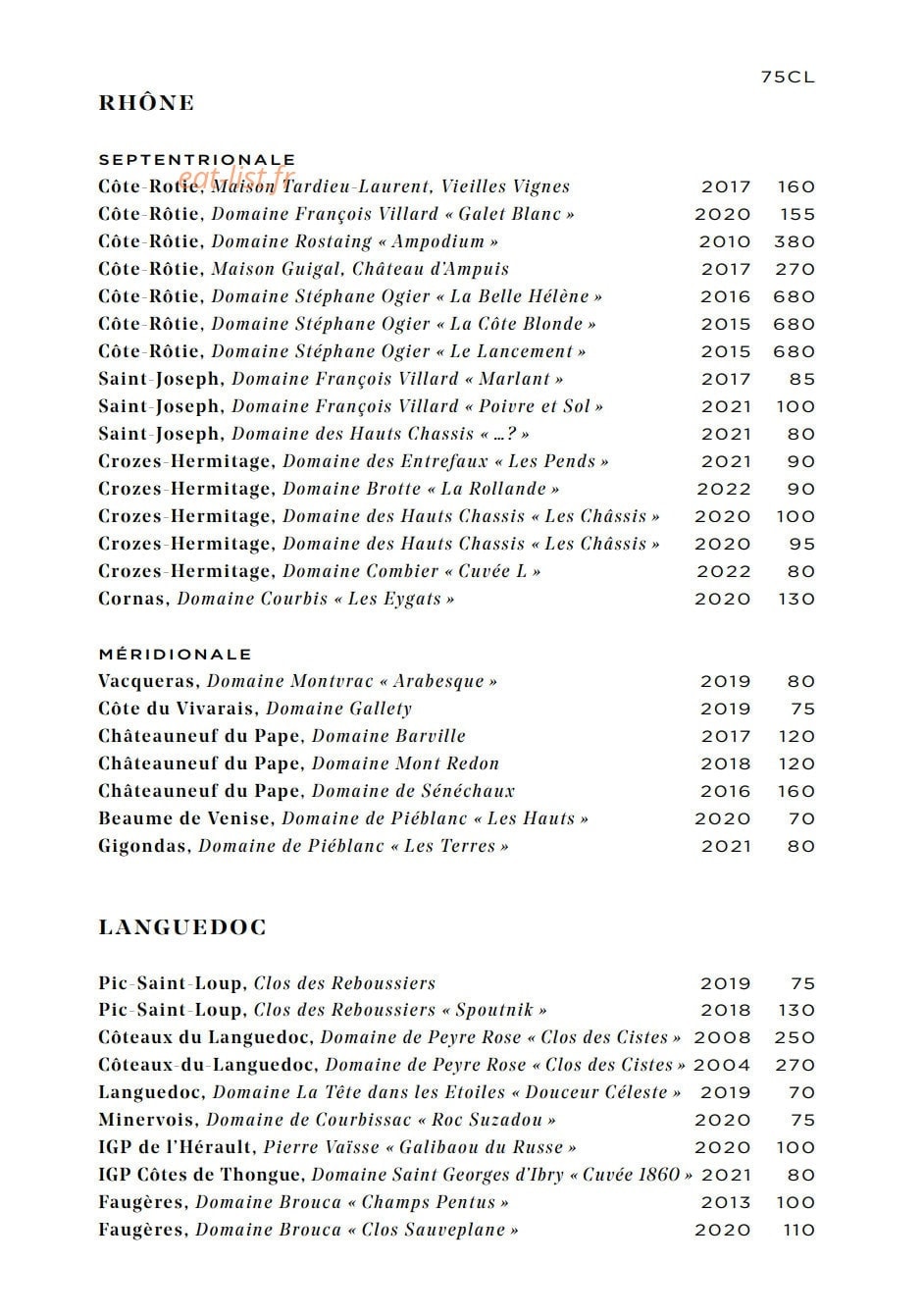 Carte et menu de Galanga par Monsieur George à Paris 8 — Rhône, méridionale et Languedoc