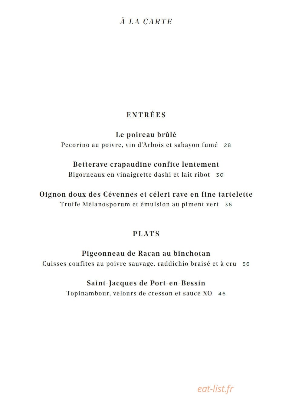 Carte et menu de Galanga par Monsieur George à Paris 8 — Les entrées et plats