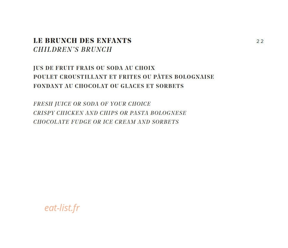Carte et menu de Galanga par Monsieur George à Paris 8 — Brunch des enfants