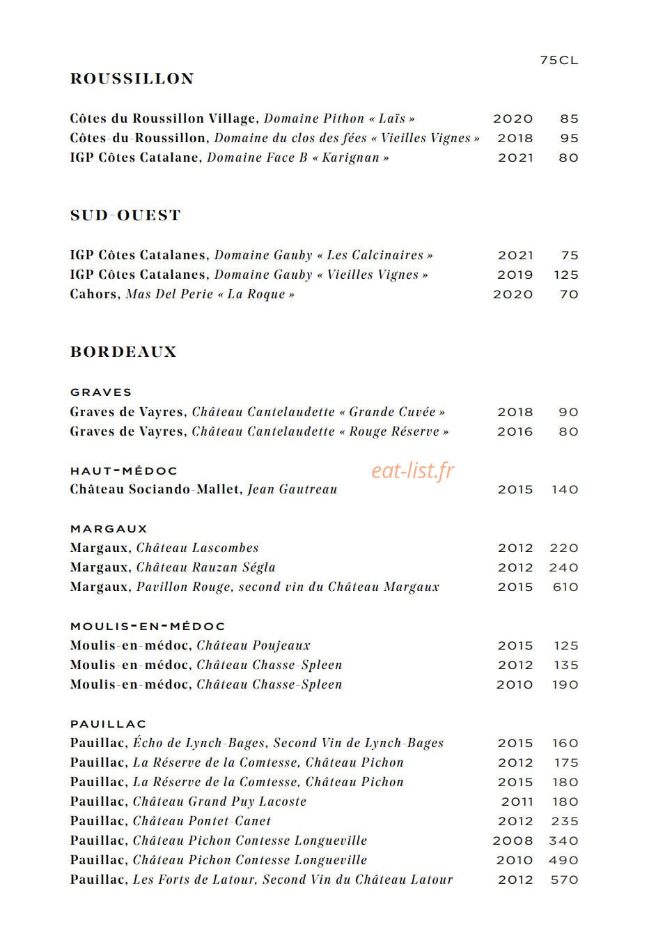 Carte et menu de Galanga par Monsieur George à Paris 8 — Roussillon, sud ouest et bordeaux