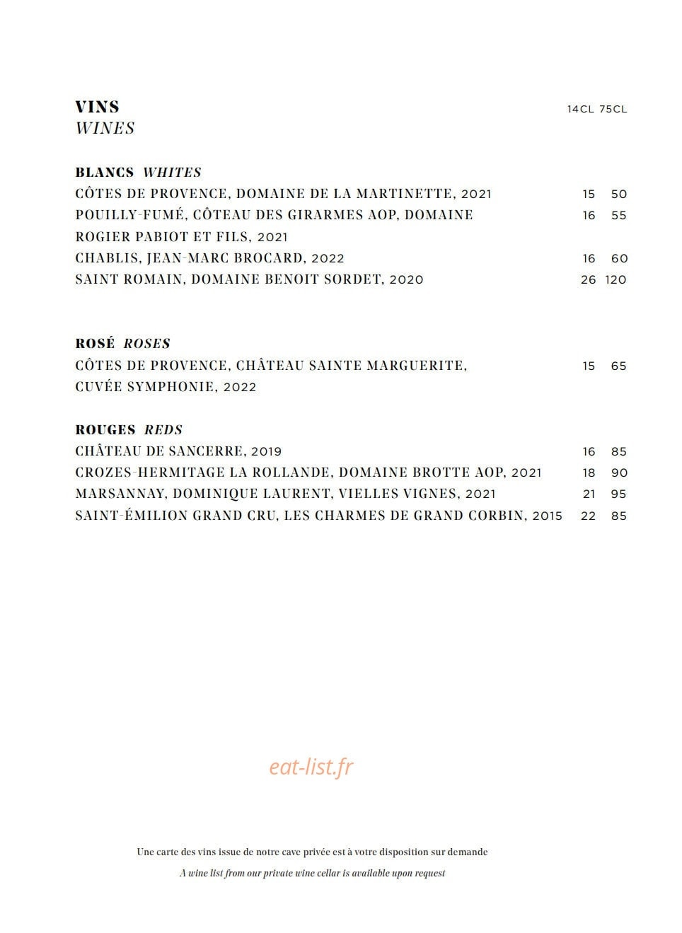 Carte et menu de Galanga par Monsieur George à Paris 8 — Les vins