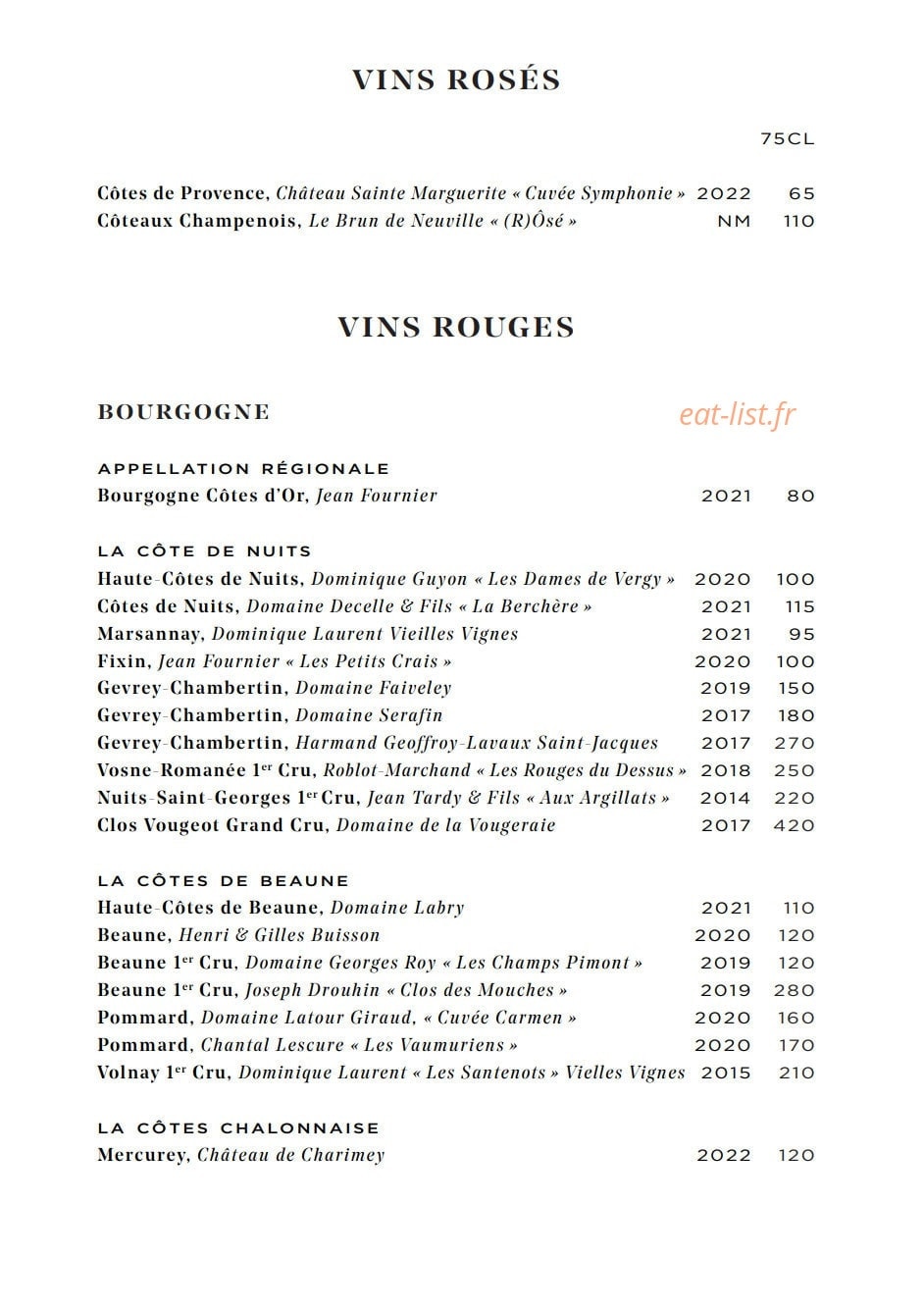 Carte et menu de Galanga par Monsieur George à Paris 8 — Les vins rosés et vins rouges