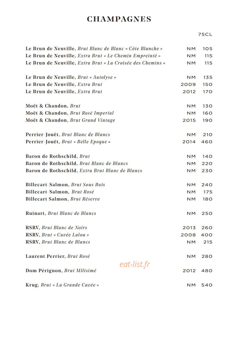 Carte et menu de Galanga par Monsieur George à Paris 8 — Les champagnes