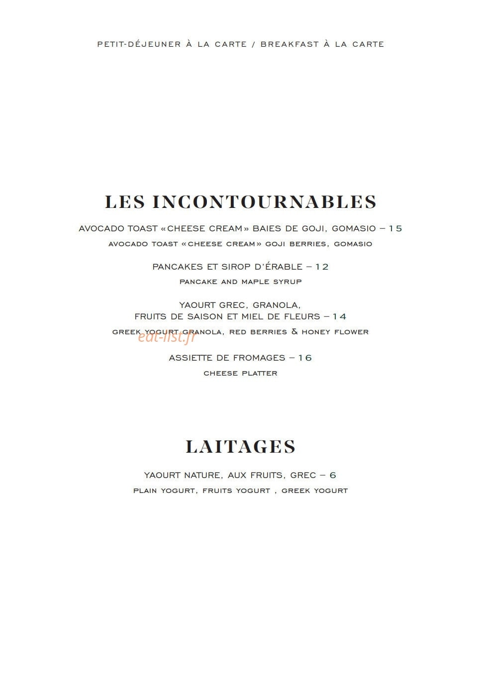 Carte et menu de Galanga par Monsieur George à Paris 8 — Les incontournables et laitages