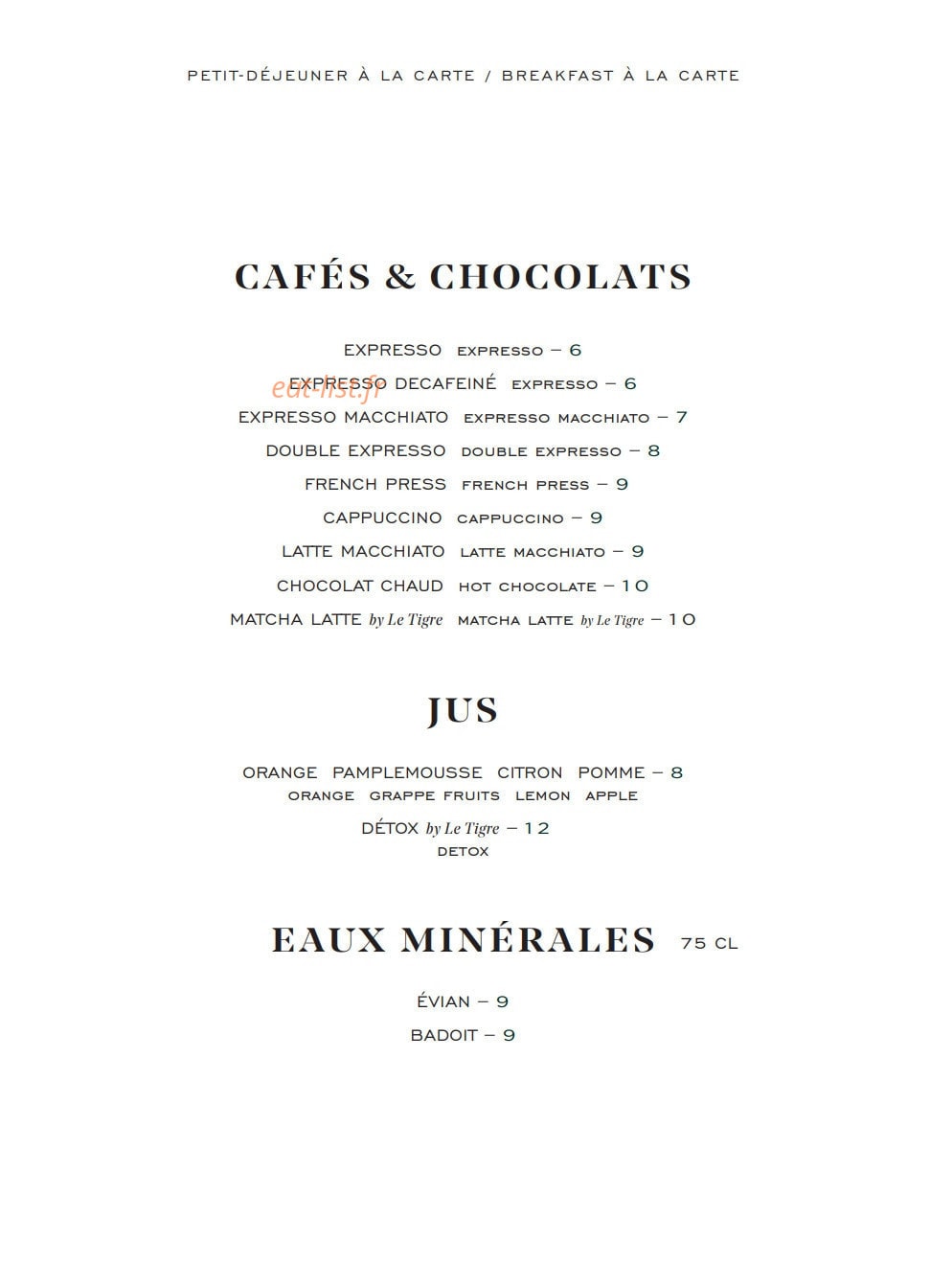 Carte et menu de Galanga par Monsieur George à Paris 8 — Les cafés, eaux et jus