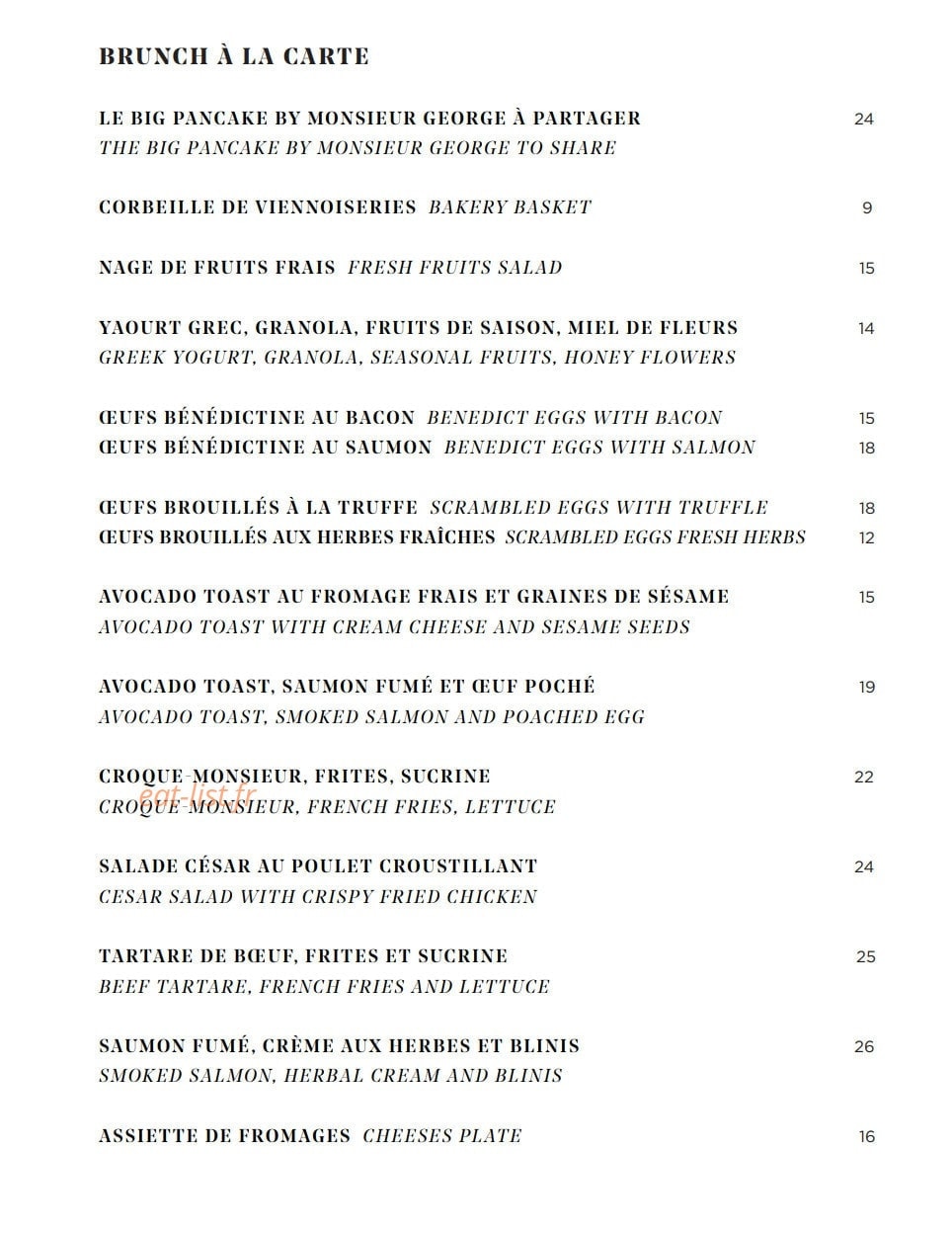 Carte et menu de Galanga par Monsieur George à Paris 8 — Brunch à la carte