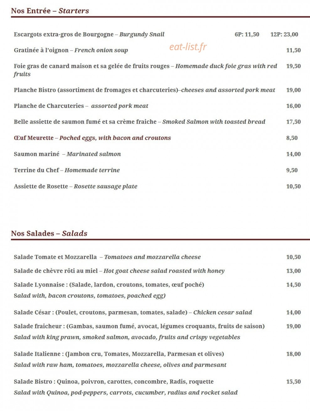 Le Bistro Marbeuf — carte page 1