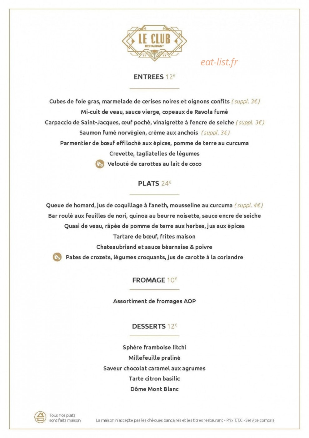 Le Club Restaurant — carte page 1