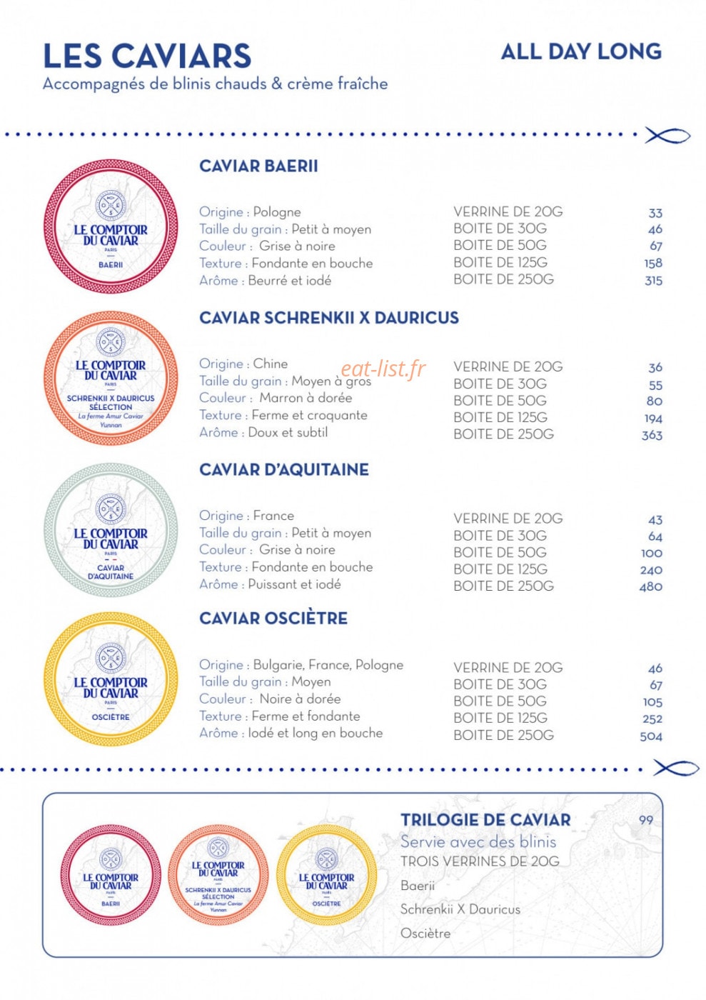 Le Comptoir du Caviar — carte page 1