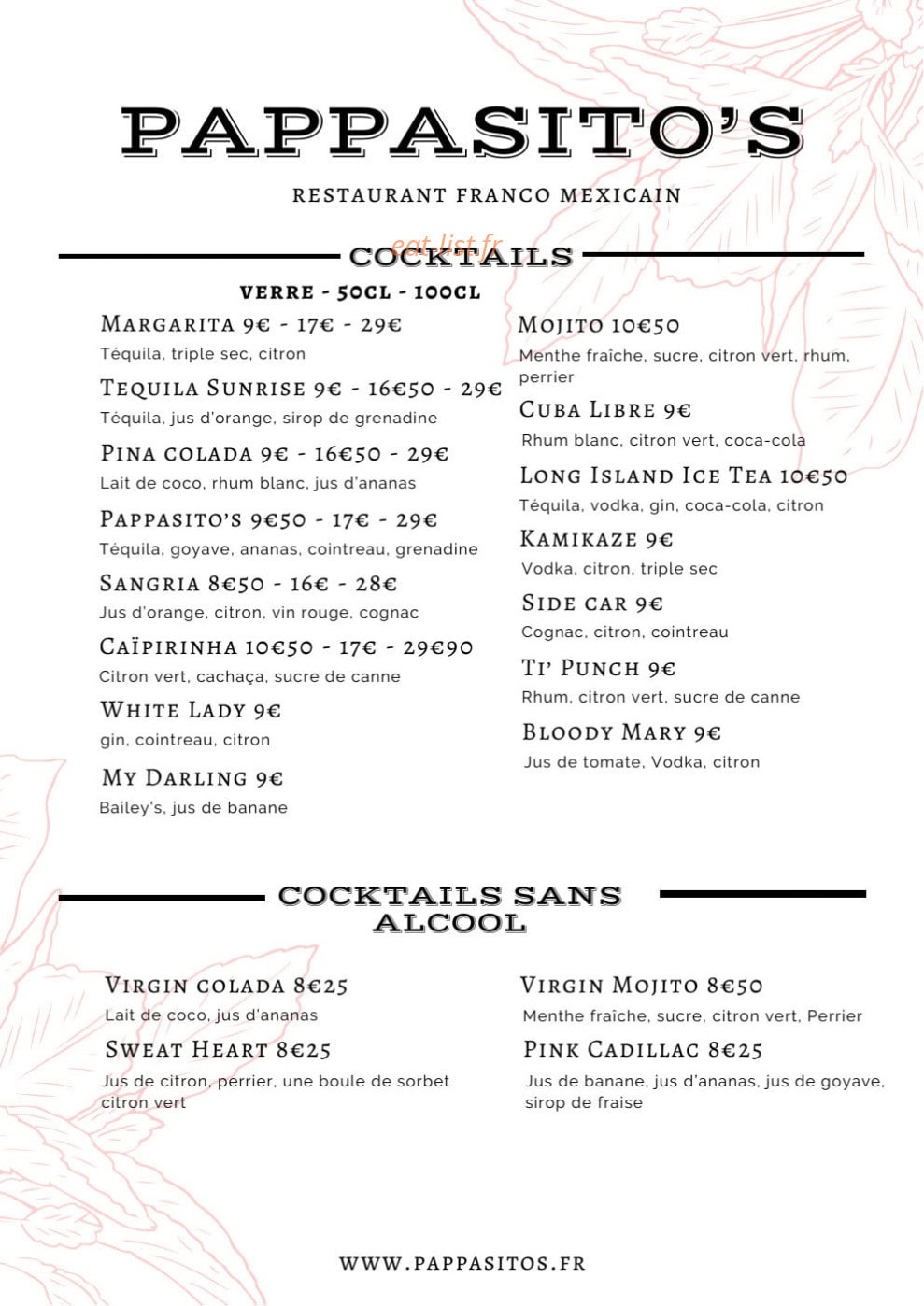 Carte et menu de Pappasito's à Paris 8 — Cocktails