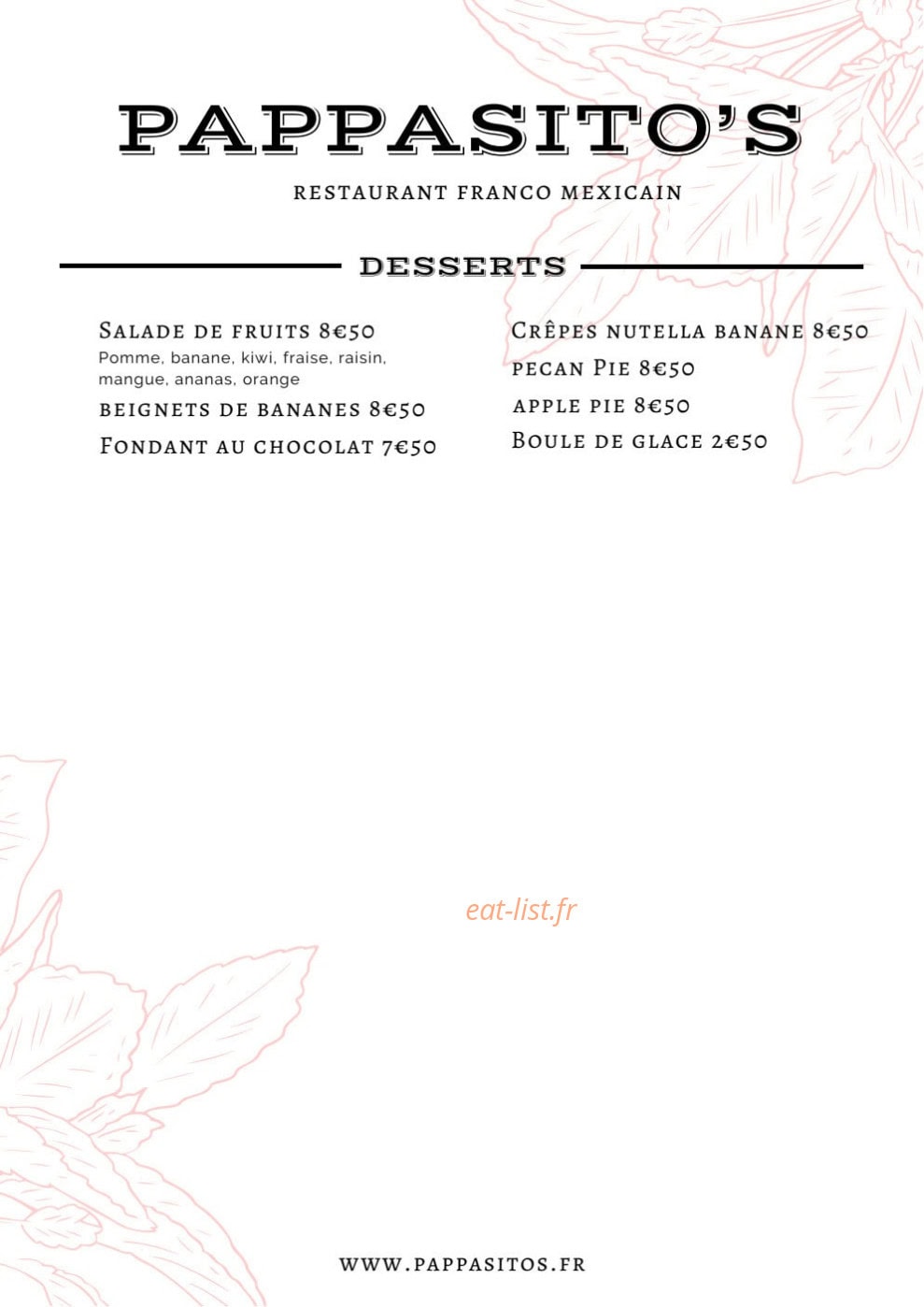Carte et menu de Pappasito's à Paris 8 — Desserts