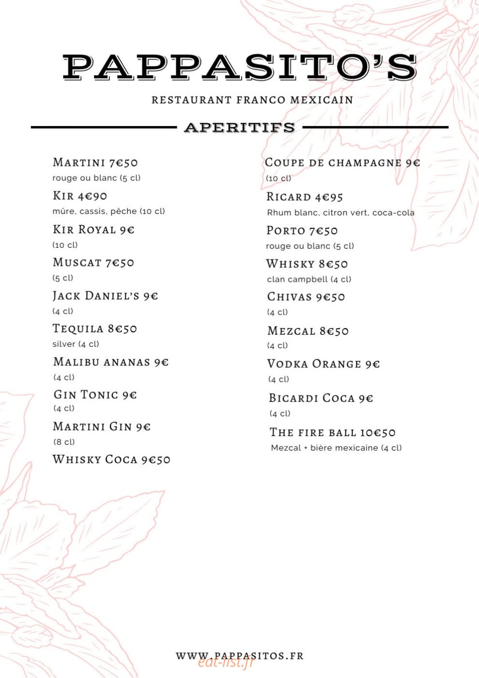 Carte et menu de Pappasito's à Paris 8 — Aperitifs