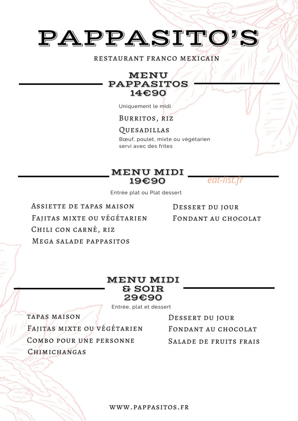 Carte et menu de Pappasito's à Paris 8 — Menus